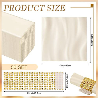 Tatuo 50 Sets Ivory Satin Napkins and Rings Set 17 x 17 Inch Square Dinner Cloth Napkins Holder Bulk for Wedding Party Supplies Banquet, Parties Dinner Decoration(Ivory)