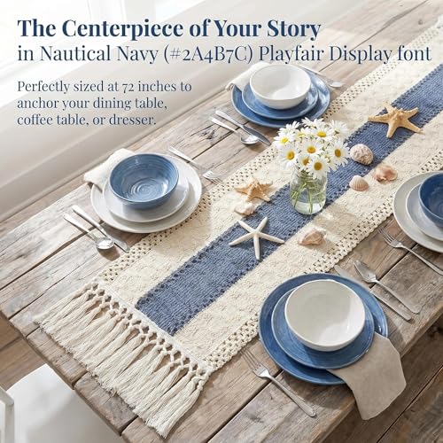 Table Runner 72 Inches Long, Blue and White Table Runner - Farmhouse Coastal Boho Macrame Dresser Runners for Bedroom, Dining & Coffee Table with Tassels - color: Blue, size: 72 inches