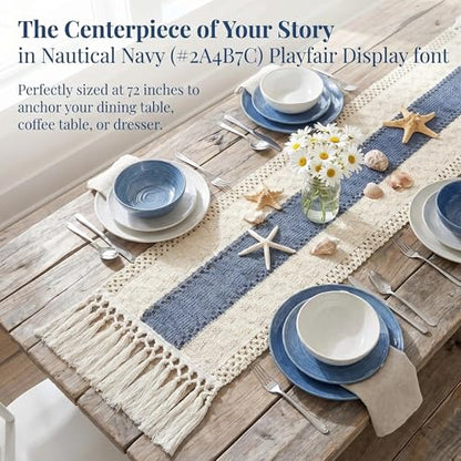 Table Runner 72 Inches Long, Blue and White Table Runner - Farmhouse Coastal Boho Macrame Dresser Runners for Bedroom, Dining & Coffee Table with Tassels - color: Blue, size: 72 inches
