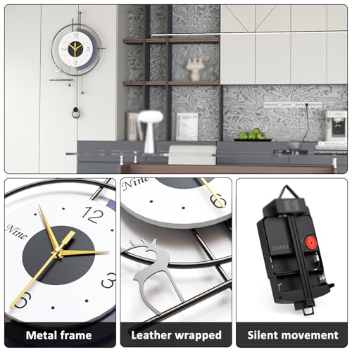 Modern Nordic Style Wall Clock Minimalist Creative Decorative Wall Clocks Silent Battery Powered Pendulum Clock Metal Frame + Wooden Dial Quartz Clock for Living Room Kitchen Bedroom Office, 13*25 in