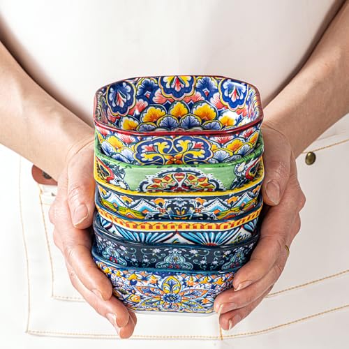 HENXFEN LEAD Boho Ceramic Dipping & Snack Bowls Set of 6, 8 oz Square Bowls | Assorted Patterns, Ideal for Desserts, Side Dishes, Salsa, Fruit, Nuts & Appetizers, Microwave & Dishwasher Safe - size: 8 Oz