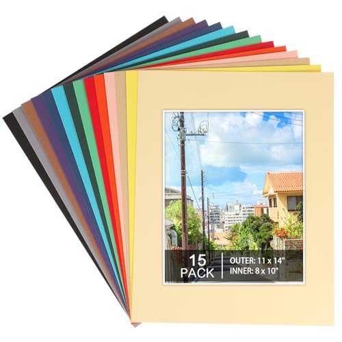 Prudiut 15 Pack Picture Mats 11x14 for 8x10 Photos, Mixed Colors | 1.2 mm Thick Beveled Mat Board, Cream Core, Fits Prints and Artwork, for Frames, Gallery Walls, Office Or School Displays - size: 11x14 for Photos 8x10