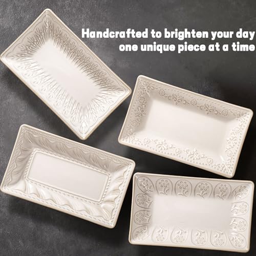 Salad Plates Set of 4, 9.85" Embossed Ceramic Rectangular Appetizer Plates, Deep Lipped Edges, Microwave & Dishwasher Safe, Dessert Sushi Pasta Serving Plates (White, Willow Leaf) - color: White (Willow Leaf), size: 9.85 inch