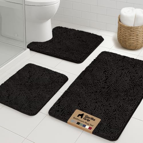 GORILLA GRIP Bathroom Rug Sets 3 Piece, Bath Mat Set and Oval Toilet Base with Rubber Backing, Plush Absorbent Shaggy Chenille Washable Mats, Includes 24x19.5, 24x17 and 30x20 Inch Rugs, Black - color: Black, style: 24"x19.5" + 24"x17" + 30"x20" - 3 Pack