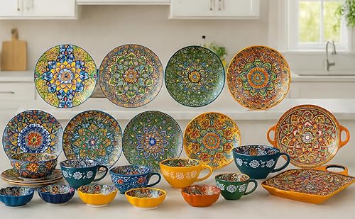 Serving Tray with Handles Rectangular Serving Platter Ceramic Extra Large Plates & Dishes Rectangle (Sunset Fiesta) - color: Sunset Fiesta