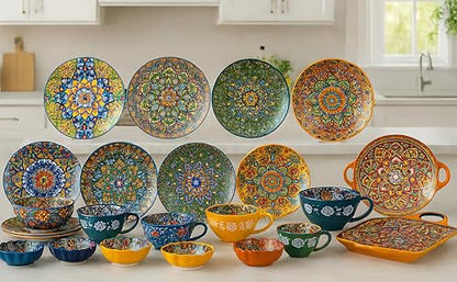 Serving Tray with Handles Rectangular Serving Platter Ceramic Extra Large Plates & Dishes Rectangle (Sunset Fiesta) - color: Sunset Fiesta