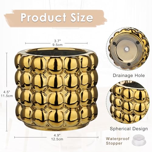 5 Inch Ceramic Planter Pot for Indoor Plants with Drainage Hole Bubble Flower Planter Hobnail Plant Pot Garden Planter Gold Succulent Plant Pot Utensil Holder - color: Gold # 5 Inch