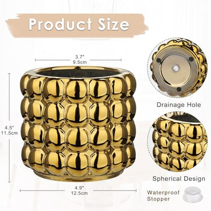 5 Inch Ceramic Planter Pot for Indoor Plants with Drainage Hole Bubble Flower Planter Hobnail Plant Pot Garden Planter Gold Succulent Plant Pot Utensil Holder - color: Gold # 5 Inch