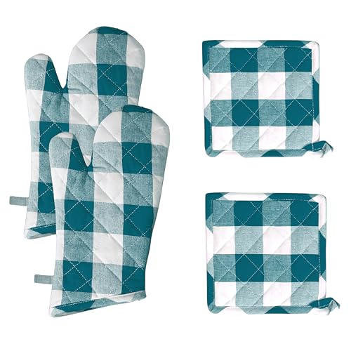 Native Fab Buffalo Plaid Check Oven Mitts and Pot Holders Set of 4, 100% Cotton Heat Resistant Kitchen Gloves, 2 Oven Mitts (7x13), 2 Pot Holders (8x8) for Cooking & Baking, Teal Green White - color: Buffalo, Teal Green