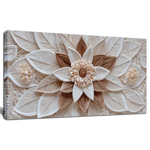 ORKARLUMENT Boho Floral Wall Art White and Brown Canvas Prints 20"X40" | Large Modern Botanical Aesthetic Artwork, Living Room Bedroom Office Decor,Framed Ready to Hang,Gift - color: white, size: 20L" x 40W"