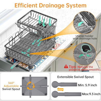 2 Tier Large Detachable Dish Drying Rack for Kitchen Counter, Gray | Compact Dish Drainer Organizer, Rust-Resistant, Space-Saving Dish Rack with Drainboard, Utensil Holder, Kitchen Organizer - color: 2 Tier-gray