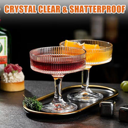 12 Pcs Martini Glasses, 6.7oz Crystal Champagne Tower, Art Deco Ribbed Coupe Glasses, Stem Cocktail Glassware Set, Margarita Cups, Heavy Base Bar Glassware for Martini, Gimlet, Manhattan - style: Ribbed Style
