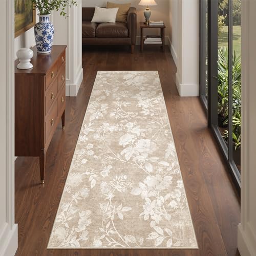 Soalmost Floral Runner Rug 2x5 for Hallway, Washable Soft Neutral Rug Tan | Vintage Oriental Low-Pile Non-Slip Thin Throw Kitchen Carpet Runner for Entryway Bathroom Laundry Room Bedroom 2'x5' - color: Floral Tan, size: 2' x 5' (Runner)