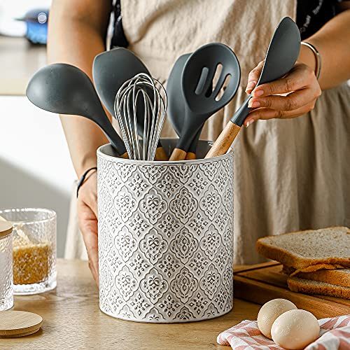 KOOV Kitchen Utensil Holder, Large Utensil Holders for Countertop, 6 x 7 Inches Ceramic Utensil Crock, Deep and Stable, Cooking Utensil Holder, Embossed Pattern, White - color: Reactive White