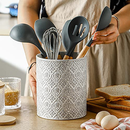 KOOV Kitchen Utensil Holder, Large Utensil Holders for Countertop, 6 x 7 Inches Ceramic Utensil Crock, Deep and Stable, Cooking Utensil Holder, Embossed Pattern, White - color: Reactive White