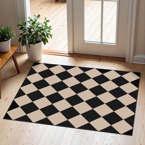 Indoor Outdoor Front Door Mat - 2x3 Black Tan Checkered Diamond Rug | Non-Slip Washable Doormat Indoor Outside Entrance Outdoor Mat Entry Rug Geometric Small Rugs for Entryway Kitchen Porch Decor - color: Diamond - Black / Tan, size: 2' x 3' (Rectangular)