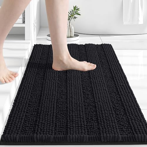 Grandaily Chenille Striped Bathroom Rugs 24x16, Extra Thick and Absorbent Bath Mats, Non-Slip Soft Plush Shaggy Shower Carpet, Machine Wash Dry, Bath Rug for Bathroom, (Small, Black) - color: Black, size: 24" X 16"