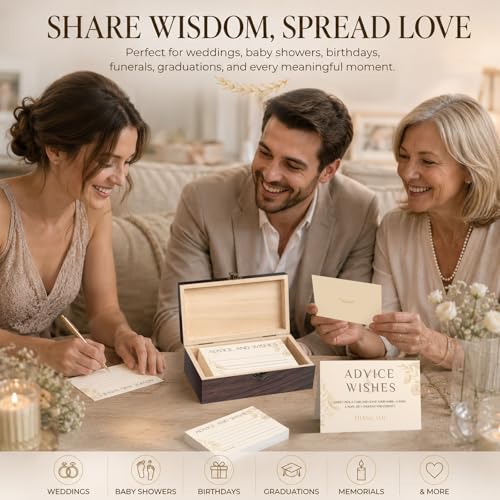 Champagne Gold Advice and Wishes Cards Set with Wooden Keepsake Box & Sign - 60 Elegant Dandelion Floral Guest Book Alternative for Wedding Reception & Bridal Shower - color: CHAMPAGNE