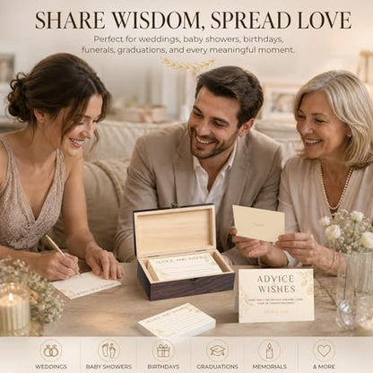 Champagne Gold Advice and Wishes Cards Set with Wooden Keepsake Box & Sign - 60 Elegant Dandelion Floral Guest Book Alternative for Wedding Reception & Bridal Shower - color: CHAMPAGNE