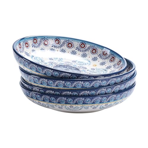 Bico Blue Talavera Pasta Bowls, 35oz Salad Bowl Set of 4, Large Ceramic Serving Dinner Bowls for Soup and Cereal, Microwave and Dishwasher Safe, Gift for Housewarming and Thanksgiving - color: Blue Talavera