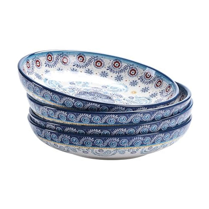 Bico Blue Talavera Pasta Bowls, 35oz Salad Bowl Set of 4, Large Ceramic Serving Dinner Bowls for Soup and Cereal, Microwave and Dishwasher Safe, Gift for Housewarming and Thanksgiving - color: Blue Talavera