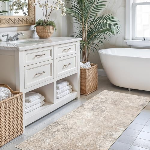 2x6ft Non-Slip Washable Kitchen Rug - Modern Carpet Runner for Hallway,Bedroom Bedside,Laundry Room,Entryway with Rubber Backing – Abstract Neutral Low-Pile Thin (Beige Grey,2x6) - color: Beige Grey, size: 2' x 6' (Rectangular)