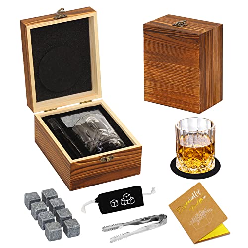 Whiskey Stones and Whiskey Glass Gift Set, DIOXADOP 8 Natural Whisky Stones 1 Crystal Whisky Glasses with Blessing Card in Exquisite Wooden Box, Prepare a Gift for a Whisky Scotch Bourbon Lover - color: 1 Whiskey Glass Set