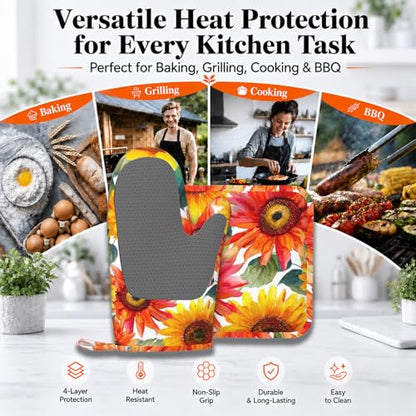 Watercolor Sunflowers Oven Mitts and Pot Holders Sets Flower Oil Painting Non-Slip Silicone Surface for BBQ Gloves,Kitchen,Cooking,Baking,Grilling - color: Watercolor Sunflowers