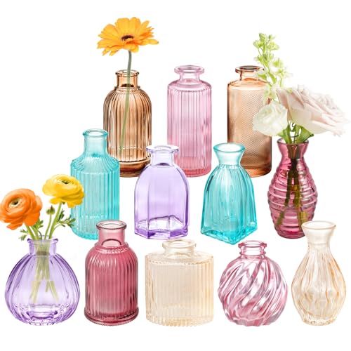 12PCS Mixed Colored Bud Vases Colorful Vintage Flower Vase for Centerpieces | Small Glass Vases for Flowers Aesthetic Glass Bottles Bulk Wedding Party Home Decorations Gifts - color: Color Series, size: 1 Pack