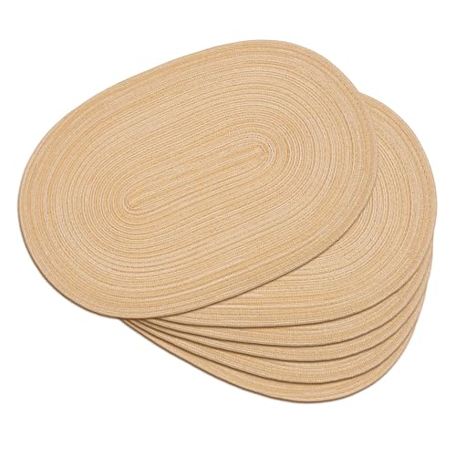 Placemats Set of 6, Woven Oval Braided Dining Table Mats(Beige Brown) | 12 x 17.5 Inch Size Fits Plates and Flatware; Hand Washable and Heat Resistant for Kitchen Use, with Farmhouse and Boho Style - color: Beige Brown, size: 6 pcs
