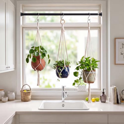 22 Pcs Window Hanging Plant Holder Set Boho Hoom Decor, No Drilling | 10 Adjustable Macrame Plant Hangers 3 Sizes(23.6"/31"/37"), 2 Expandable Spring Tension Rods 27.5''-47'' and 10 S Hooks