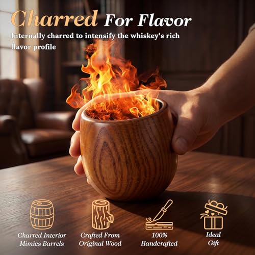 Charred Wooden Bourbon Drinking Glass Set with Whiskey Ice Stones & Tongs, 2 Pack 10oz Oak Wooden Bourbon Glass, Artisan Oak Whiskey Cups for Bourbon Lovers, Unique Whiskey Gift for Dad, Men, Husband