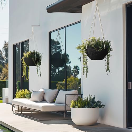 LA JOLIE MUSE Hanging Planters for Outdoor Plants, Large Hanging Planter with Drain Holes, Outdoor Hanging Flower Pots, Matte Black, Honeycomb (13.2 Inch, Set of 2) | Matte Black Finish, Hanging Baskets and Flower Pots for Outdoor Plants, Decorative Outdo
