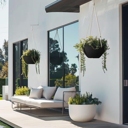 LA JOLIE MUSE Hanging Planters for Outdoor Plants, Large Hanging Planter with Drain Holes, Outdoor Hanging Flower Pots, Matte Black, Honeycomb (13.2 Inch, Set of 2) | Matte Black Finish, Hanging Baskets and Flower Pots for Outdoor Plants, Decorative Outdo