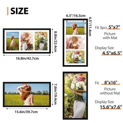 Fixwal 8x16 Collage Picture Frame, Holds Three 5x7 Photos, PVC | Shatter Resistant Plastic Cover, Wall or Tabletop Decor - size: 8x16（3-5x7）