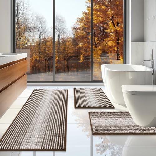 Bathroom Rugs Sets 3 Piece, Toilet Rugs U-Shaped Contour Bath Mat Set, Long Striped Absorbent Non Slip Chenille Shower Mat, Brown - color: Brown, size: 20"x47"+16"x24"+ U Shape 20"x24"