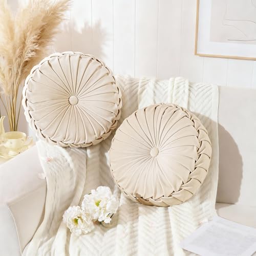 ROSE&RISY Round Pleated Velvet Throw Pillows, 2 Pack Decorative Accent Pumpkin Pillow Cushion for Couch Sofa Bed, Soft Plush Retro Vanity Throw Pillows for Home Decor, 14.5 Inch, Cream - color: Cream