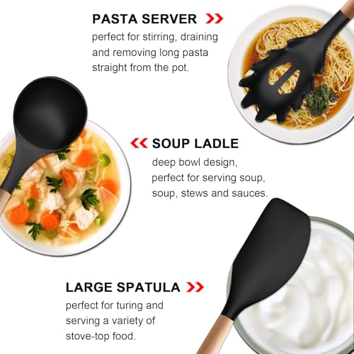 Silicone Kitchen Utensils Set of 6, Cooking Utensils Set with Heat Resistant Wooden Handle, Nonstick Silicone Spatula Spoon Turner Ladle, Cooking Kitchen Gadget for Cookware & Baking BPA FREE - color: Black, size: Standard 6-Piece Set