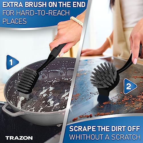 Dish Brush Set of 5 with Holder - Kitchen Scrub Brushes with Non-Slip Long Handle for Cleaning, Scrubber, Dishwashing, Dishes, Bottles, Straws, Cups, Pots & Sink, Black - color: Black