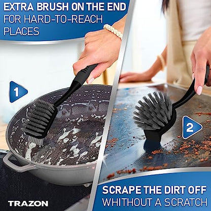 Dish Brush Set of 5 with Holder - Kitchen Scrub Brushes with Non-Slip Long Handle for Cleaning, Scrubber, Dishwashing, Dishes, Bottles, Straws, Cups, Pots & Sink, Black - color: Black