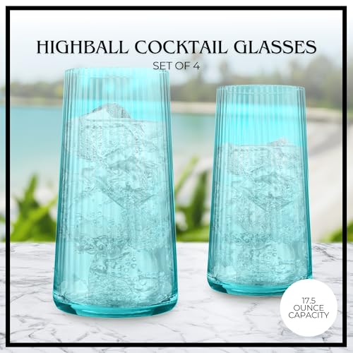 ARTLAND Soho Optic 17.5oz Highball Glass, Set of 4 - Modern Design Elegant Tall Drinking Glasses for Cocktails and More, Durable & Stylish Bar Glassware Essential for Any Occasion (Turquoise) - color: Light Turquoise, style: Highball Glass (4-Piece)