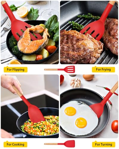 Pack of 2 Silicone Cooking Spatula, Heat Resistant Solid Turner, Non Stick Slotted Spatulas with Wooden Handle,Ideal Wood Kitchen Utensils Set for Frying, Baking, Flipping, Turning (RED) - color: Red