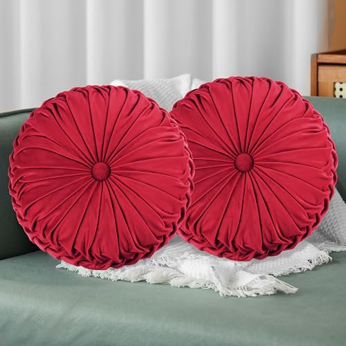 HIG Set of 2 Red Velvet Decorative Round Pleated Throw Pillows | Vintage Floor Pillows, Classy Accent Pumpkin with Center Button, for Sofa Couch Vanity Chair Bed, 14.5" Diameter - color: R-red