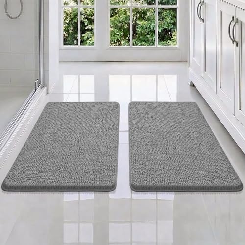 Bcoimo Bath Rug Mat Sets, 2 Piece Extra Soft Chenille Gray Bathroom Mat Set | Non Slip with Rubber BackingBathroom Rug set; Machine Washable;Extra Soft Bath Rug;High Absorbent、Quick Drying Microfiber mat - color: Grey, size: 30×20 Plus 30×20
