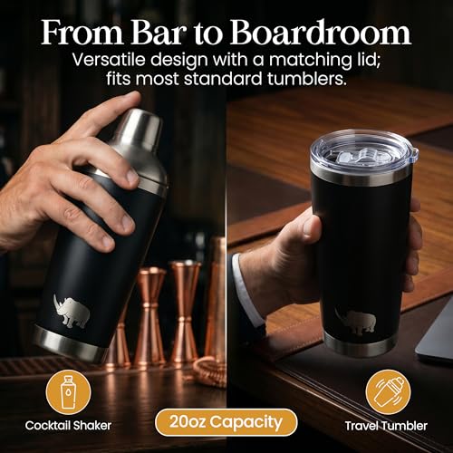 Vacuum Insulated Stainless Steel Cocktail Shaker 20oz | Double Wall Powder Coated Non-Slip Grip | Bar Mixer for Home Bar & Bourbon | Travel Mug Ready | Dishwasher Safe