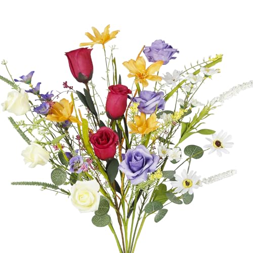 CISDUEO 7 Pcs Wildflowers Artificial Flowers Daisies Roses and Lilies Faux Wildflowers Summer Fake Flowers Spring Bunches Silk Floral Arrangement Party Valentine Easter Home Decor Table Centerpieces - color: 7 Pcs-colorful Wildflowers