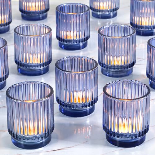 Vintage Ribbed Blue Glass Tealight Candle Holders Set of 12 | Votive Candle Holders for Wedding Bridal Shower Party Table Fall Boho Shelf Decor - color: Blue