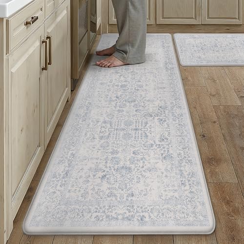 Kitchen Mats 2PCS Anti Fatigue Cushioned Mat Light Blue Vintage Kitchen Mats for Floor Waterproof Non Slip Comfort Standing Retro Floral Rug for Sink Laundry Office 17.3"x59"+17.3"x30" - color: Accent | Light Blue, size: 17.3"x59"+17.3"x30"--0.4inch