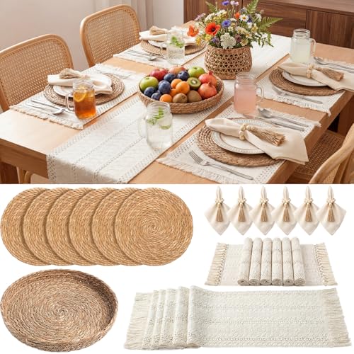 6 Sets White Kitchen Decor,Table Setting Decor with Round Woven,Rectangular,Wooden Bead Napkin Rings,Cloth Napkins,Table Runner & Storage Basket,Natural Burlap Cotton for Kitchen Dining Table Home - color: White