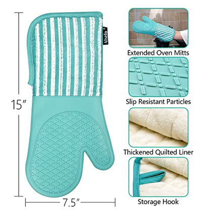 Alselo Silicone Oven Mitts Heat Resistant 932℉ with Waterproof & Non-Slip | Kitchen Mittens Set of 2,Extra Long 7.5"x15" Oven Gloves with Soft Cotton Terry Lining for Baking Cooking BBQ(Green,2) - color: Green